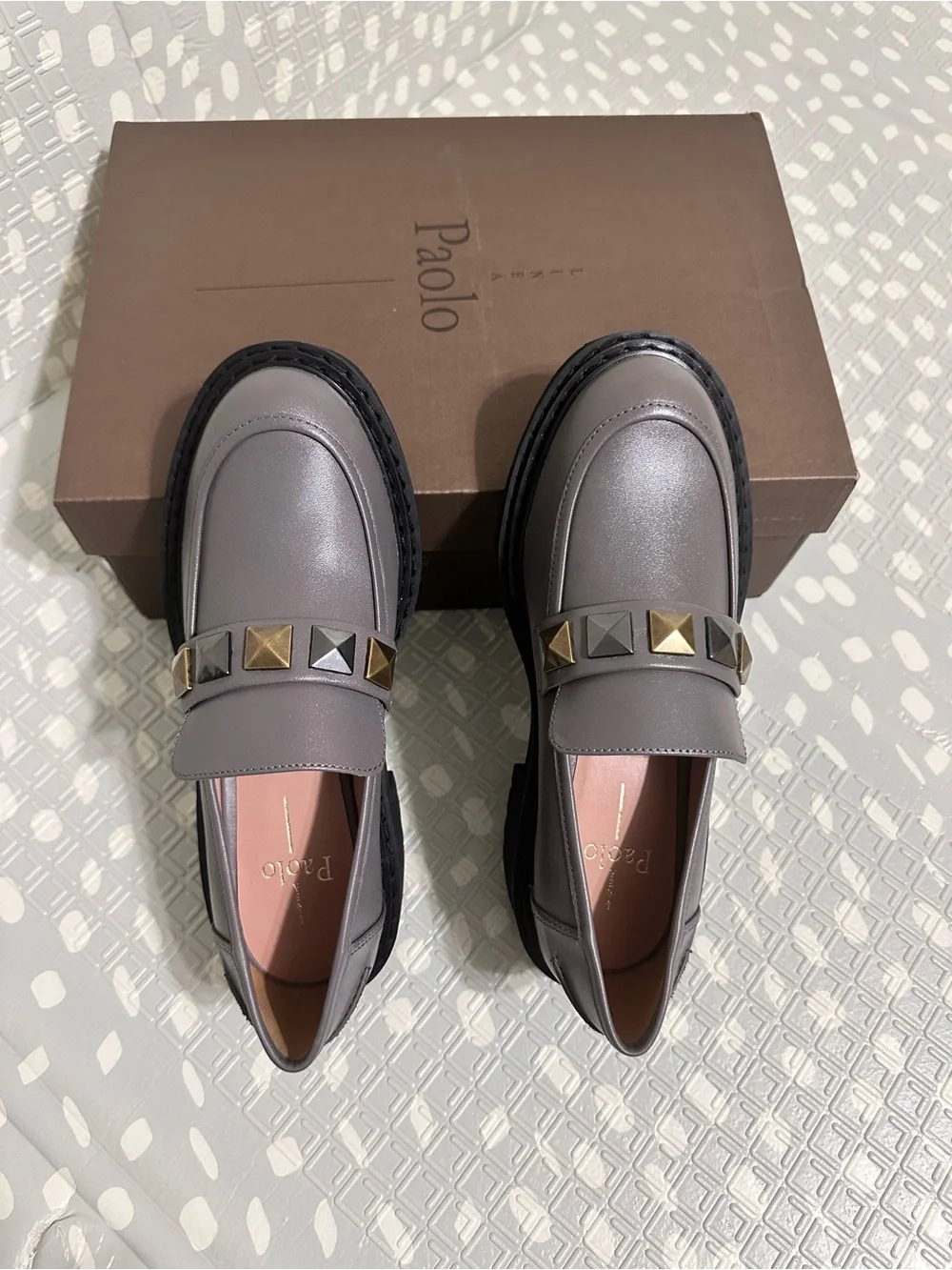 Linea Paolo Gray Moss Leather Studded Platform Loafers